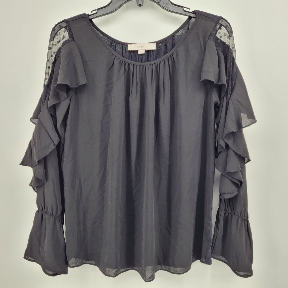 LOFT Black Ruffle Flutter Sleeve Mesh Detail Blouse XS Boho Goth Chic Top